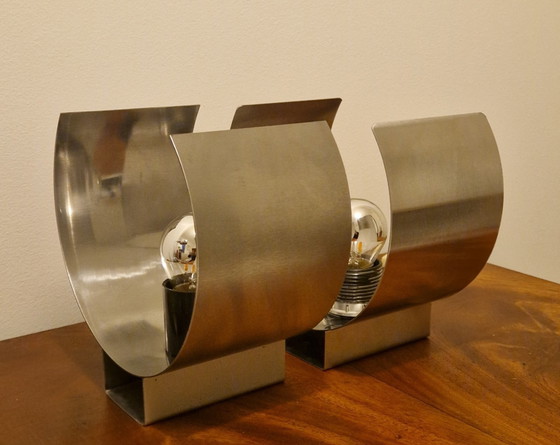Image 1 of Paar vintage gebogen metalen lampen uit de jaren 70 – Franse modernistische verlichting, stijl van Philippe Rogier
