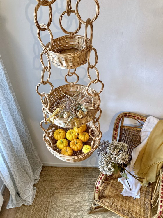 Large Wicker Hanging Basket with Three Tiers, Twisted Ring Chain, Decorative Objects, Beige (photo 6 of 18)