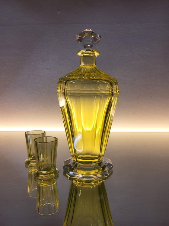 Image 1 of Val Saint Lambert “Montmartre” shaker / karaf met 2 glazen in uraniumglas ca. 1930