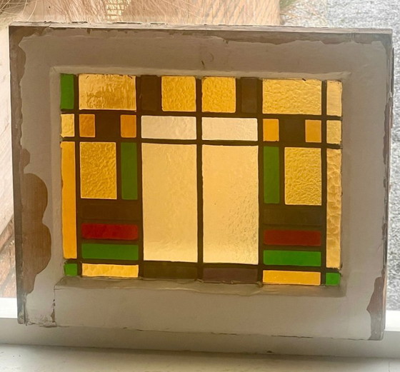 Original Art Deco Stained Glass Window (approx. 1920) in Original Wooden Frame – The Hague – Glass art (photo 5 of 5)