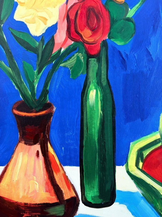 Image 1 of Acrylic painting by the artist E. García "Bodegón con fondo azul" 100x70 cm