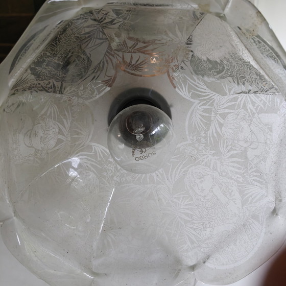 Image 1 of Vintage Copper Pendant Lamp with Etched Glass Shade