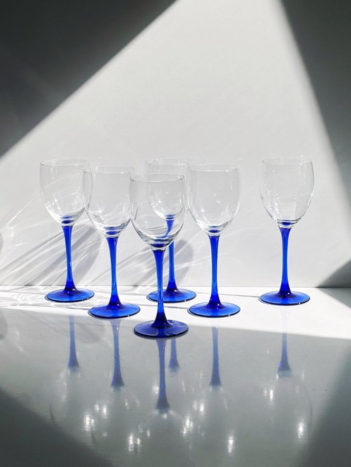 6 Bicchieri da vino francesi d'epoca in cristallo Blu Luminarc anni '80 Azzurro Azzurro Cobalto Ultramarino