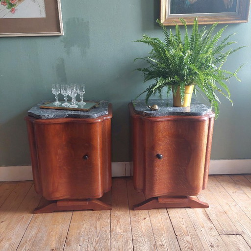 Set Antieke Art Deco Nachtkastjes Met Marmeren Bovenblad