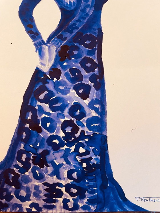 Image 1 of Monochrome indigo blue watercolor portrait of a woman "in a dress"