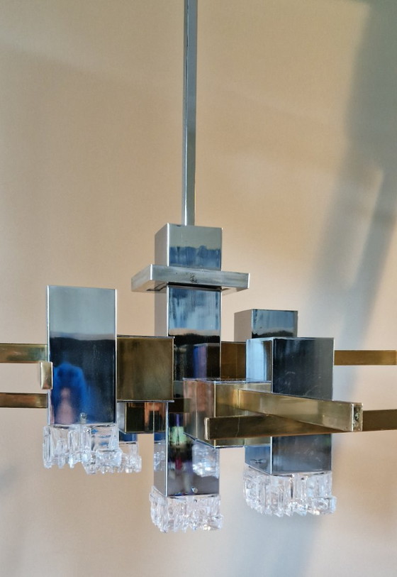 Image 1 of Vintage Italian design chandelier, Cubic, Gaetano Sciolari, chrome, brass, glass, 1970s