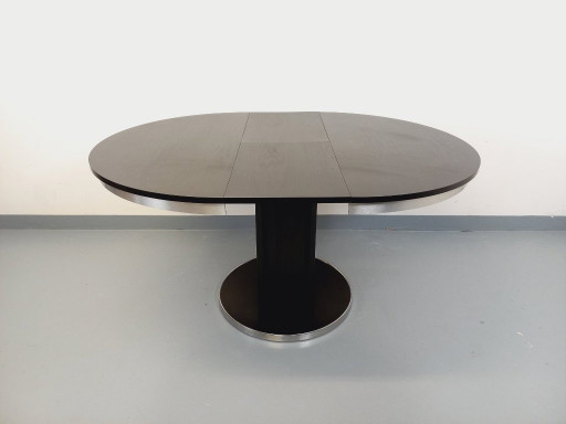 Table ronde de repas vintage en mélaminé esprit bois noir et métal chromé style Space Age / Diner des années 70 avec rallonge in