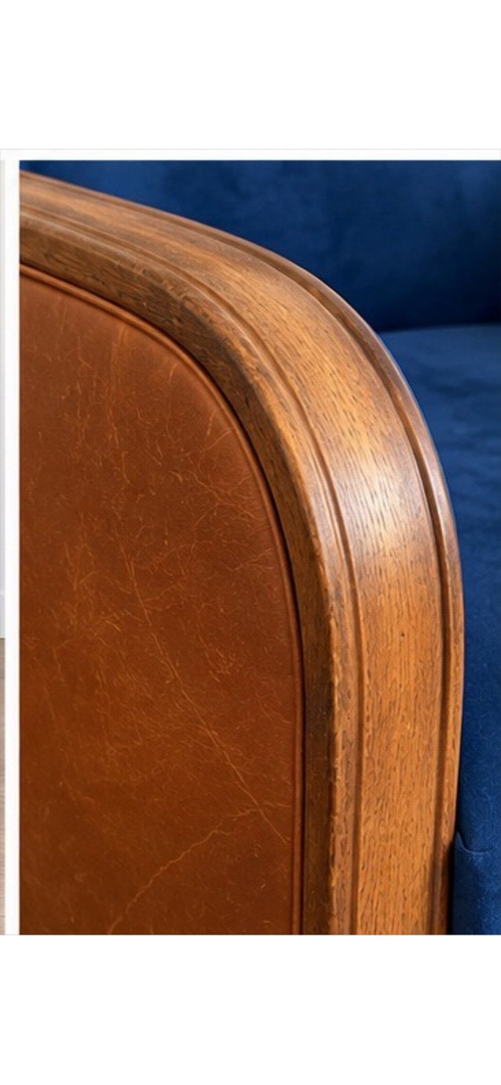 Poltrona Art Déco, rovere, pelle color cognac e Alcantara blu, Poltrone, Legno (foto 5 di 5)