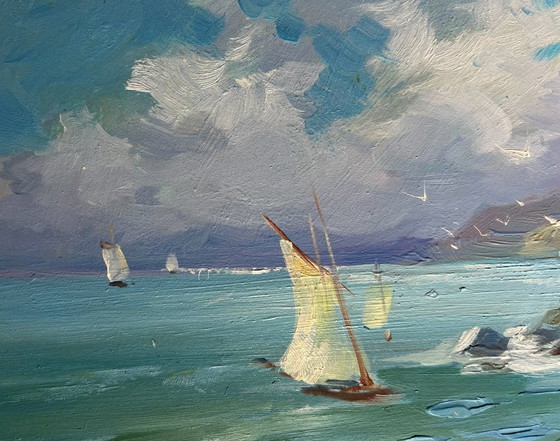 Image 1 of Originales Ölgemälde: Küstenlandschaft mit Möwen und felsigem Ufer im Meer