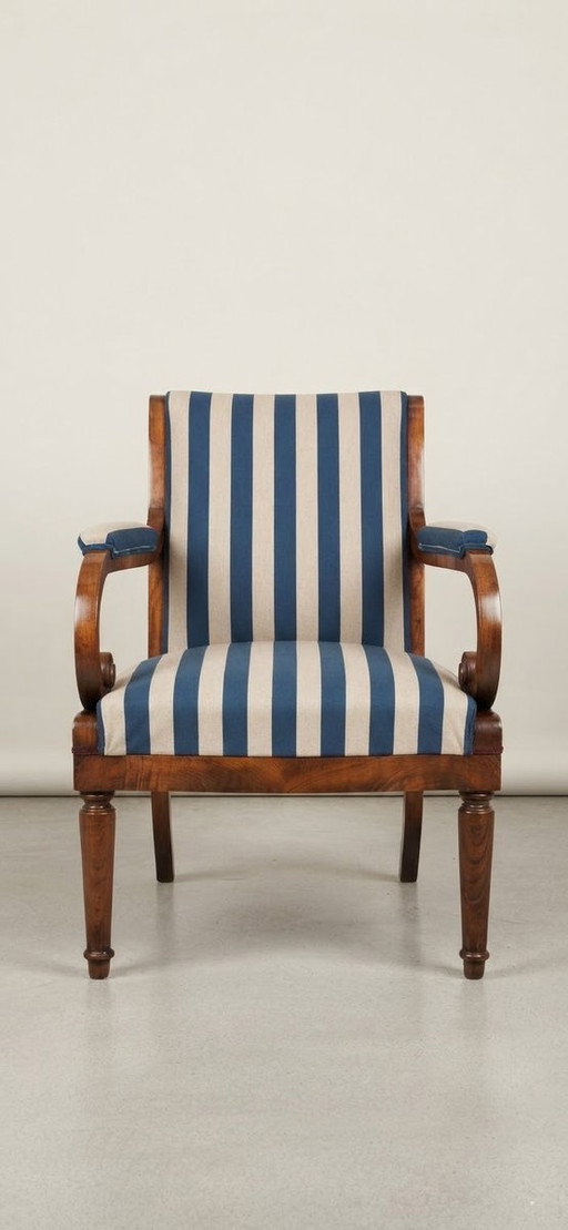 Antique Hungarian Lounge Chair in Blue and Cream Striped Fabric with Turned Wooden Legs, 1900s