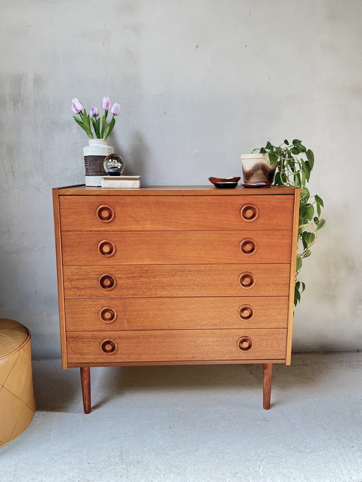 Danish Design Teak Veneer Chest of Drawers with 5 Drawers