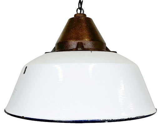 Industrial White Enamel and Cast Iron Pendant Light, 1960s