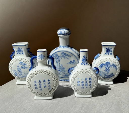 Chinese Porcelain Vase Blue White Reticulated Miniature Set 5 Lidded Bottle – vazen