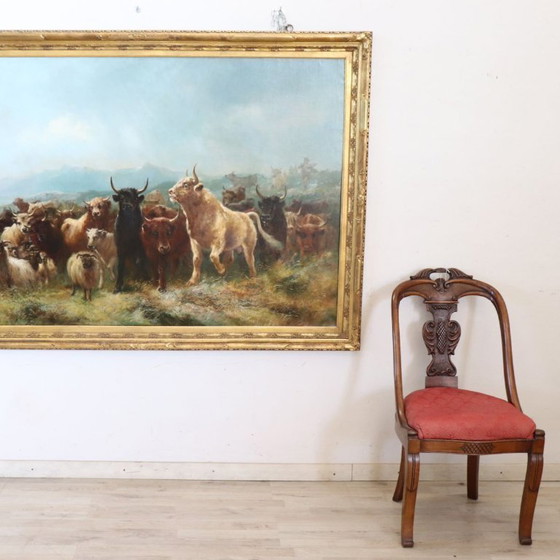 Image 1 of Large Oil Painting on Canvas, Herd of Cattle, Signed Watson W. 19th Century
