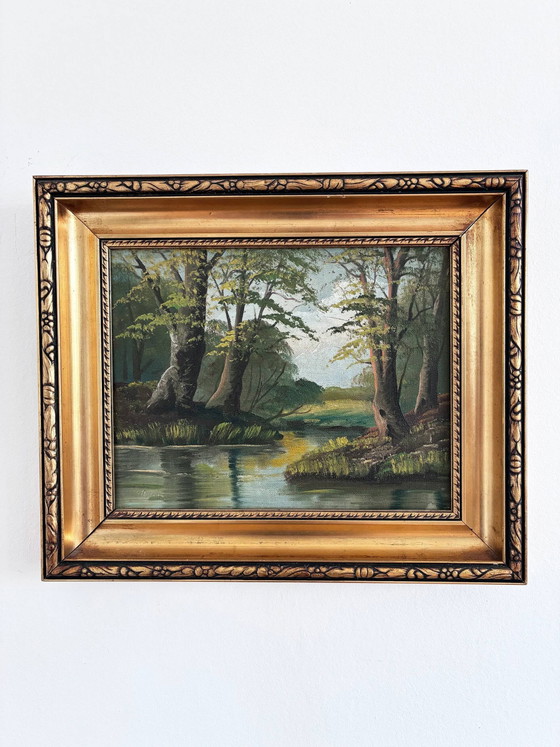 Image 1 of Peinture à l'huile originale vintage représentant un paysage de rivière, signée River Art