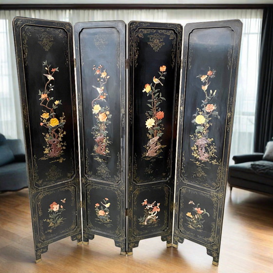 Image 1 of Mid - Century Chinese Room Divider Speck Stone Hand Painted 1950s