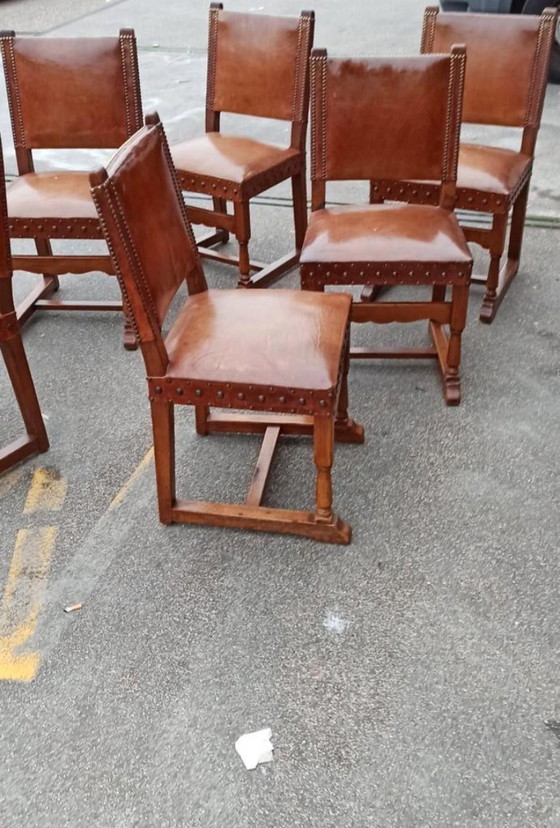 Image 1 of 6 x vintage  Spanish solid wood and leather dining chairs