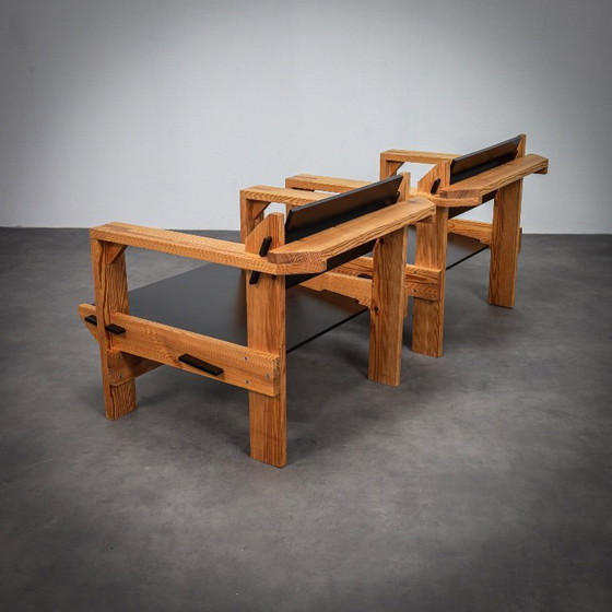 Image 1 of Rarissima coppia di poltrone lounge olandesi in legno massello di pino, di Wouter Fens, anni '60.