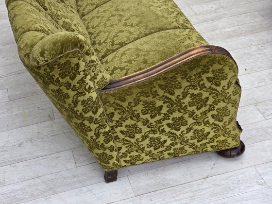 Image 1 of 1960s, Danish 3-seater sofa, furniture velour, carved oak wood.