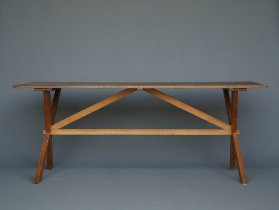 Image 1 of Rustic Cherry & Oak Wood Farmhouse X-Frame Dining Table, 1940s