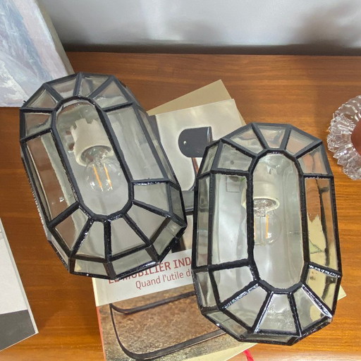 Coppia di applique o plafoniere in vetro trasparente, stile vetrata artistica, lanterna a oblò, Limburg (photo 2 of 9)