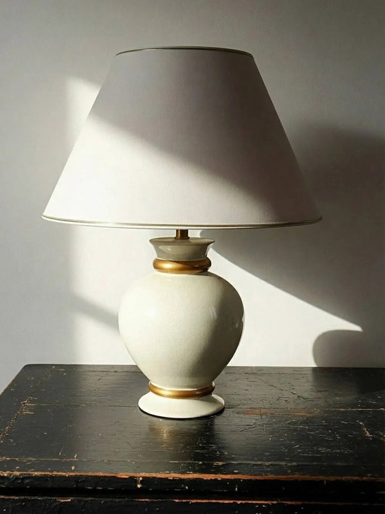Vintage cream white crackle earthenware lamp Le Dauphin 1960s-70s Panama, Table lamps, Porcelain, Gold, Creme (photo 2 of 9)