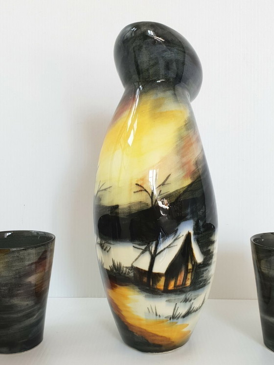 Image 1 of ENSEMBLE 1950 PLATEAU CARAFE & VERRES VINTAGE CERAMIQUE MONACO MONACERA 50S 50'S