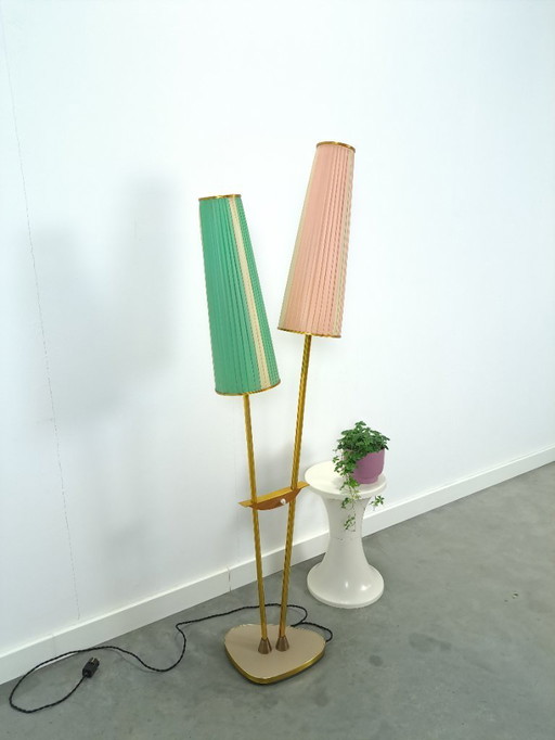 1950s floor lamp with pink and green shade and gold legs