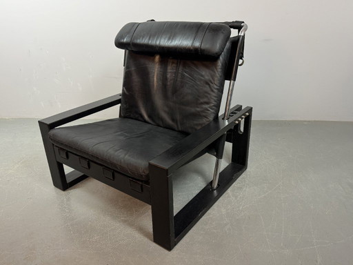 Beautiful black leather Brutalist armchair, designed by Sonja Wasseur. Amsterdam, Netherlands, 1970s.