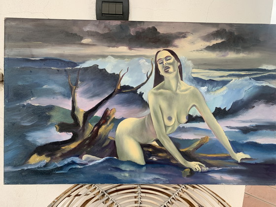 Image 1 of Large Vintage Canvas 60x100 - Artistic Nude Woman in the Waves - Oil Painting on Canvas 1980 with Autograph Dedication on the Ba