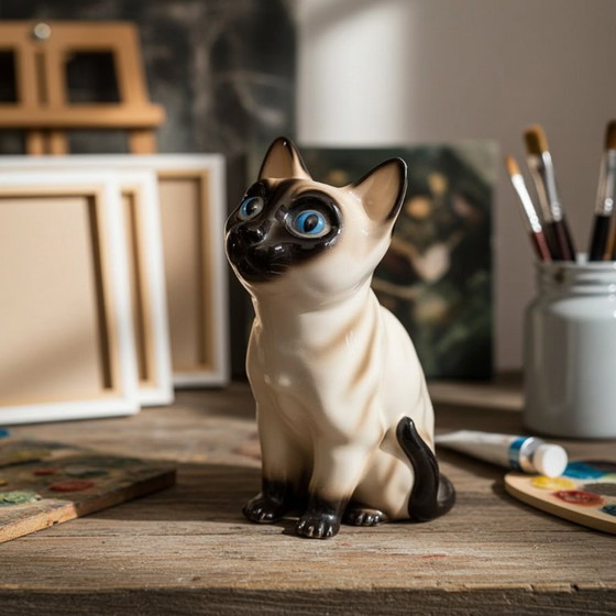 Image 1 of Figurine vintage de chat siamois « Vaga » aux yeux bleus