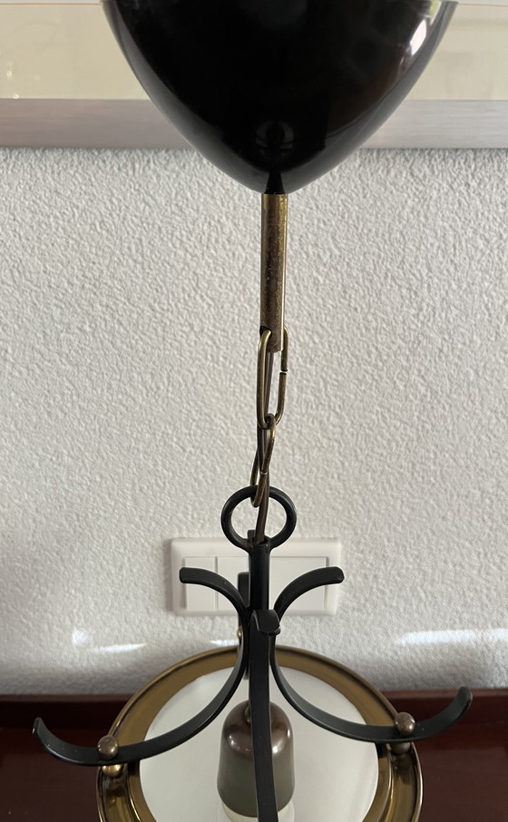 Image 1 of Unique Italian vintage pendant lamp | 1950s | Wrought iron, brass & opaline glass
