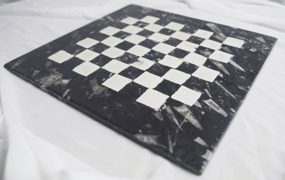 Image 1 of Handpainted Fossil Marble Chess Board, Vintage 1970s Cheese Charcuterie Tray, Black White Checkered Orthoceras Decor Gift