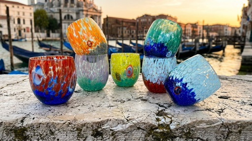 Set di 7 bicchieri in vetro soffiato veneziano con murrine Effetre Murano fuse nel vetro, hand made in italy.