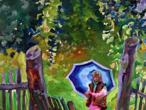 Peinture à l'huile originale Paysage rural Fille Pluie d'été – Peintures et dessins, Canvas (photo 2 of 5)