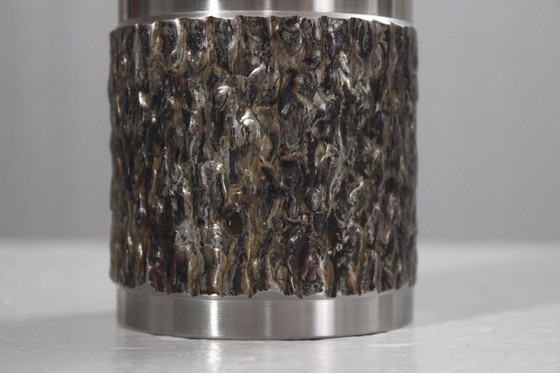 Image 1 of Vintage brutalistische rolvaas, gelast en gepolijst staal, jaren 70.