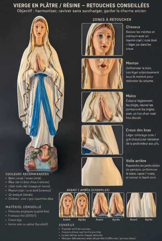 Image 1 of Statua vintage della Madonna di Lourdes - In gesso/argilla dipinta a mano - Decorazione religiosa
