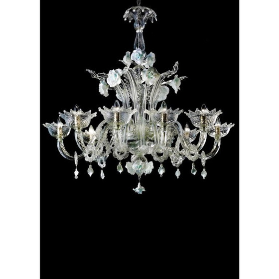 Image 1 of Lámpara de araña de lujo romántica veneciana de cristal de Murano con motivos florales en blanco y transparente.