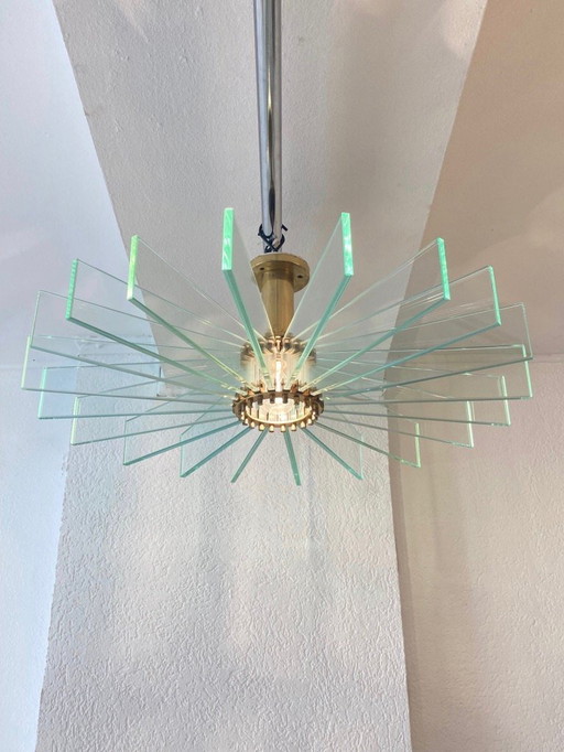 Verbazingwekkende grote messing en glazen inbouwlamp in de stijl van Fontana Arte ca. 1950s