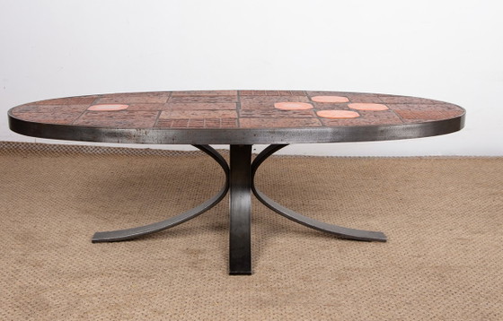 Image 1 of Coffee table in Lava stone, Ceramic and Steel by Jean Jaffeux 1960.