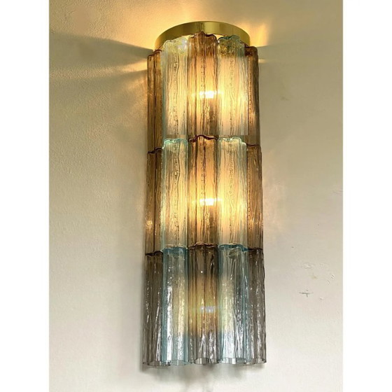 Image 1 of Pair of Italian Murano Glass Tronchi Wall Sconces in Grey and Light Blue