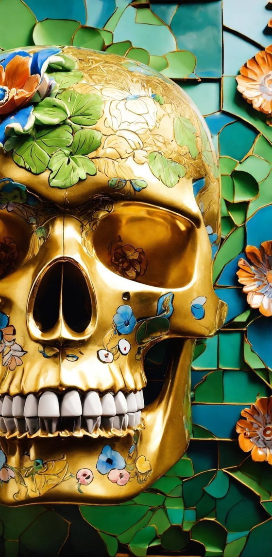 Image 1 of CABEZA MUERTA - Calavera de flores verdes y doradas - Impresión giclée sobre placa de aluminio