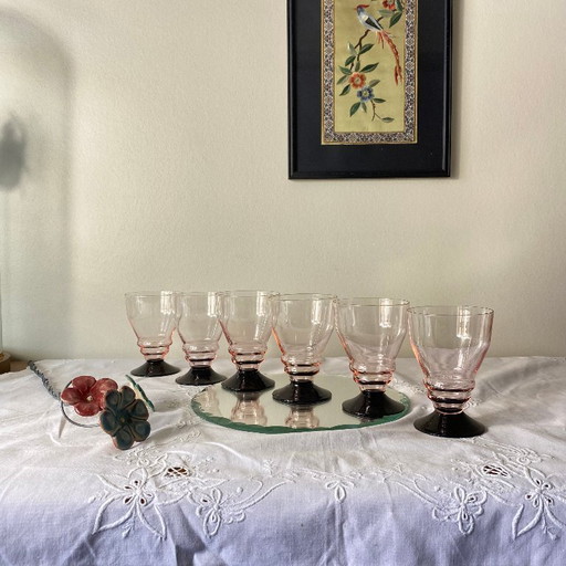 6 grandi bicchieri da vino o acqua Art Déco rosa con gambo nero, 17 cl