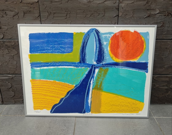 Image 1 of Ingelijste zeefdruk Willem Brauck (1946-2014) "Gestrikt" 2000 51x71cm