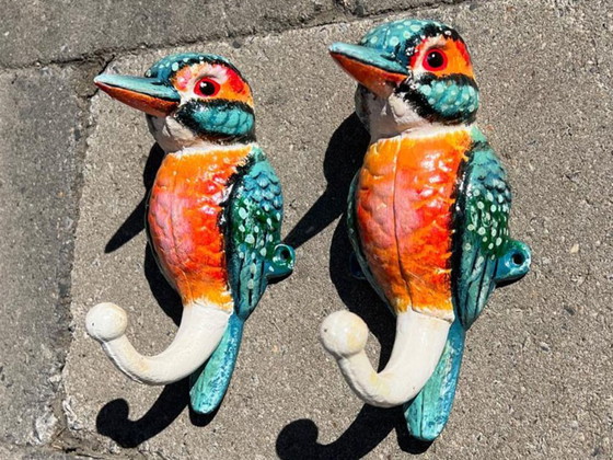 Image 1 of Set of 2 cast iron kingfisher bird sculptures that also serve as sturdy wall hooks - Free Shipping
