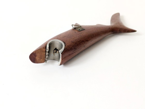 Image 1 of Midcentury Danish Teak Shark Bottle Opener, 1960s Sculptural Barware, Home Bar Gift