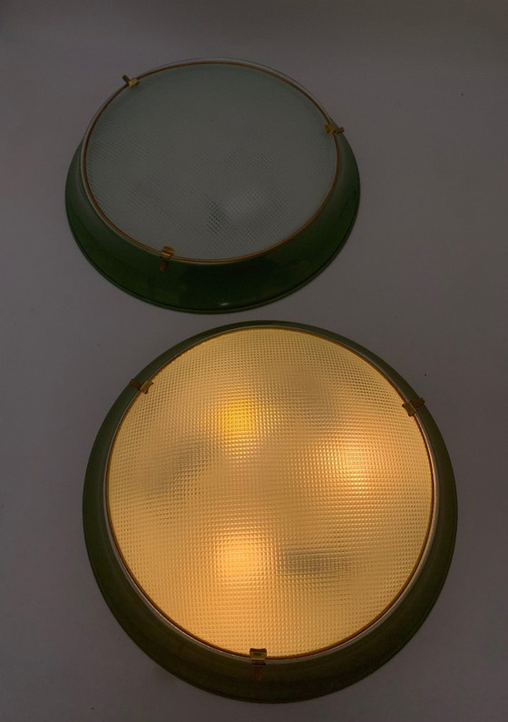 Image 1 of Paar plafondlampen - wandlampen - toegeschreven aan Fontana Arte vintage Italië groen