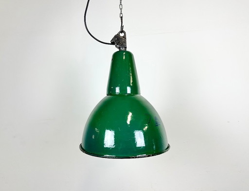 Industrial Green Enamel Factory Lamp with Cast Iron Top, 1960s
