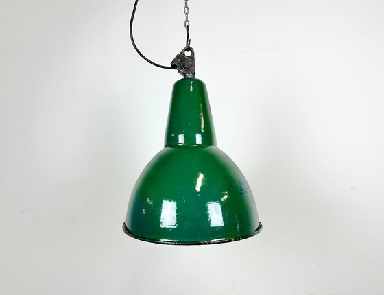 Image 1 of Industrial Green Enamel Factory Lamp with Cast Iron Top, 1960s