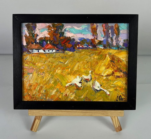 Peinture à l'huile originale, paysage rural, oies, vie à la campagne, promenade d'automne dans le village